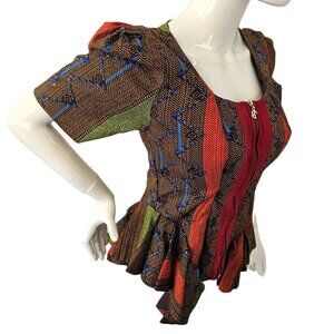 Handmade Ankara Peplum Top Sz S/M Heart Back Structure African Wax Print Puff Sl